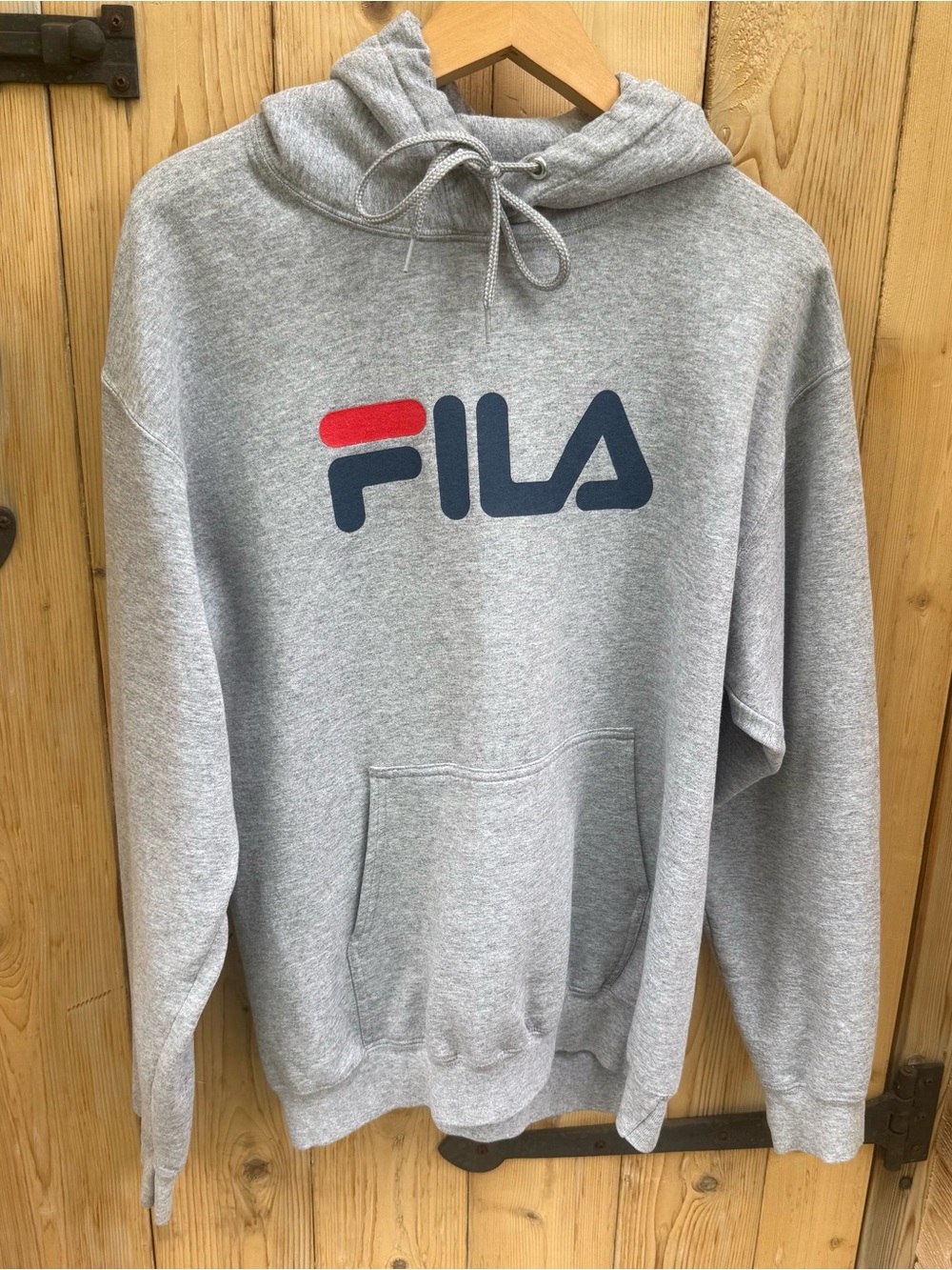 Fila Men's Light Grey Pullover Hoodie with Navy and Red Logo